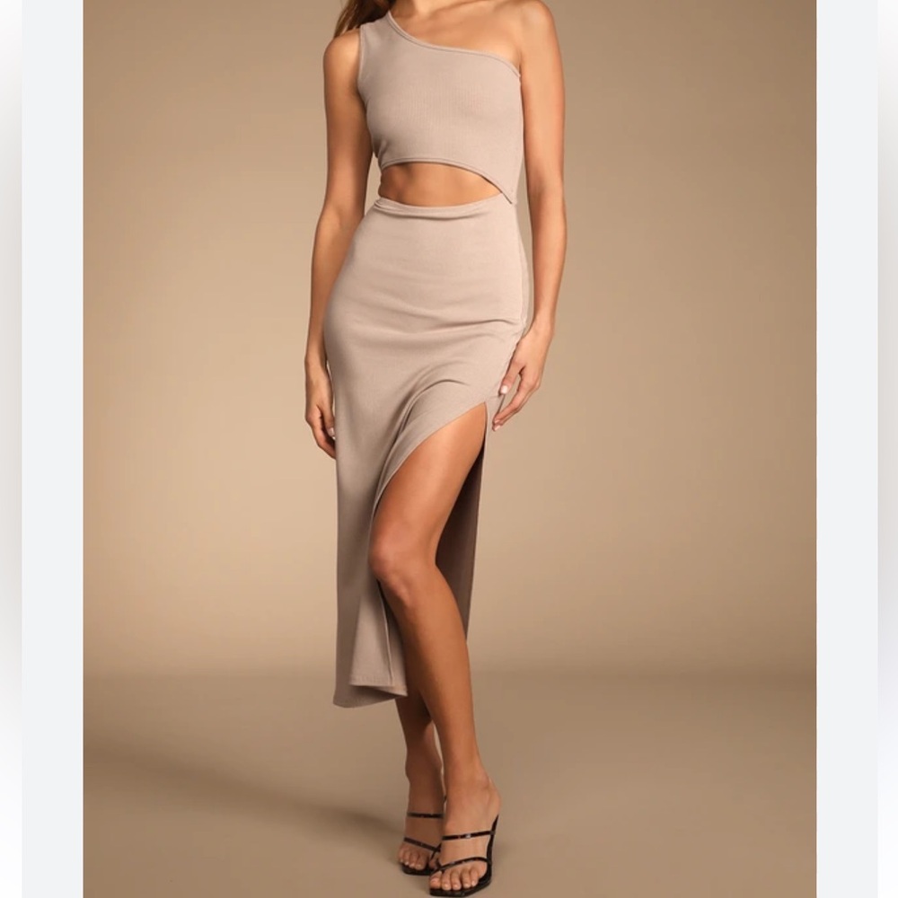 Lulu's One-Shoulder Tan Dress